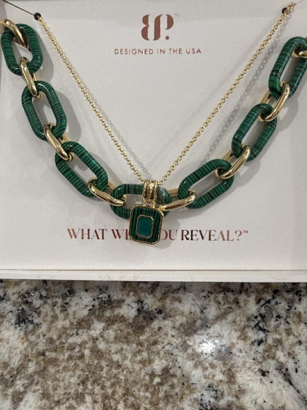 Gold-Tone Chain Necklace with Green Enamel Pendant - Women's Jewelry